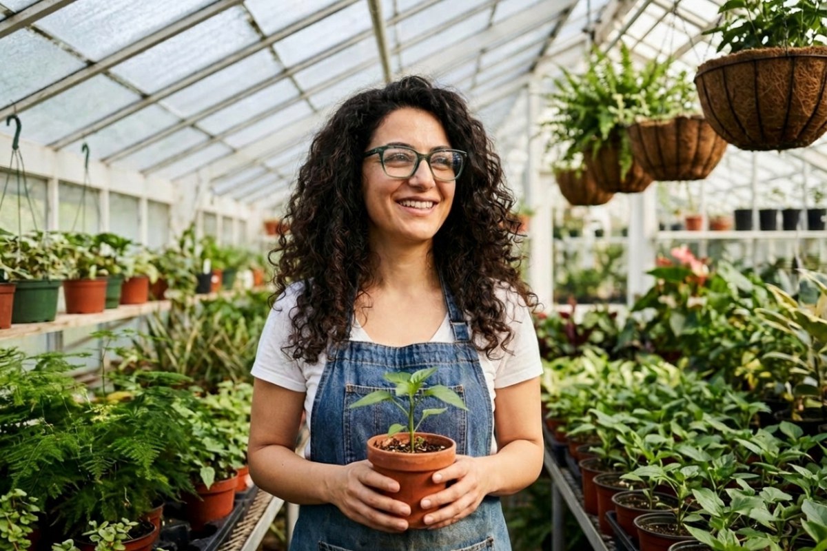 Bitkilerle dolu bir serada elinde saksı tutan, ECO PEONY yeşil gözlük takan kıvırcık saçlı kadın