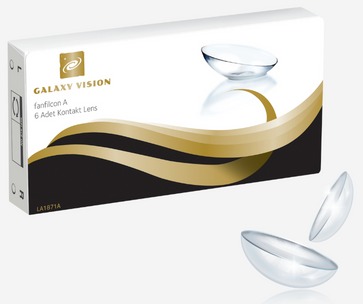 Galaxy Vision lens kutusu ve iki şeffaf kontakt lens, ürün fotoğrafı