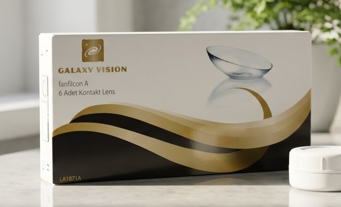 Galaxy Vision kontakt lens kutusunun ön yüzü: fanfilcon A, 6 Adet Kontakt Lens yazısı