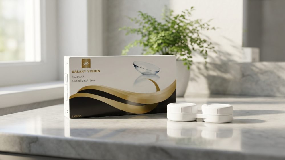 Galaxy Vision kontakt lens kutusu ve lens kabı mermer tezgâh üzerinde