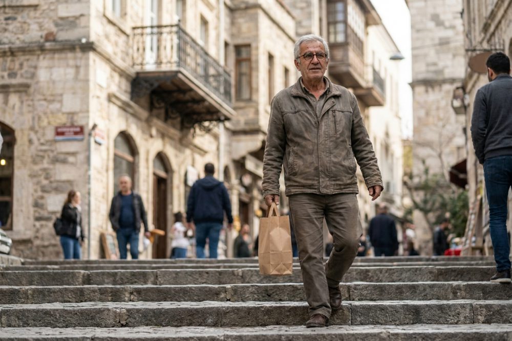 Tarihi bir sokakta taş merdivenden inen gözlüklü adam