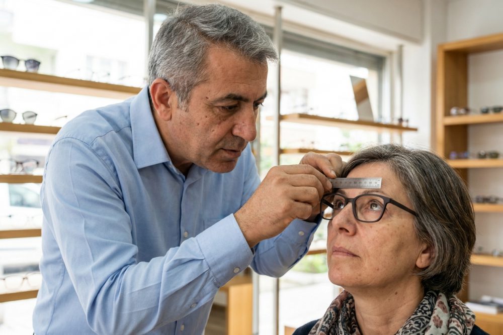 Optisyen, yeni çerçeveyi takan müşterinin göz bebeği yüksekliğini ölçüyor