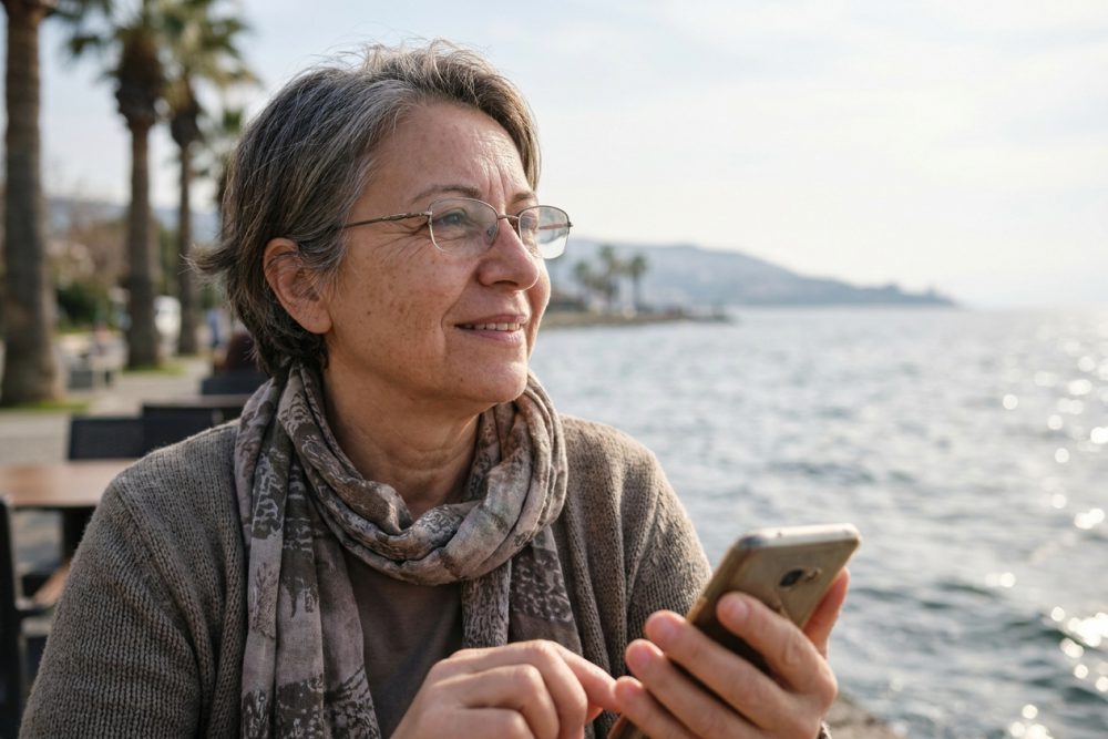 Deniz kenarında gözlüklü, telefonuna bakan gülümseyen bir kadın
