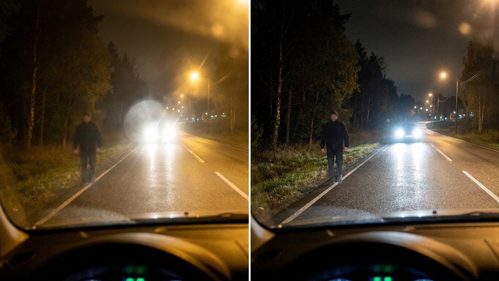 Aynı gece yolunun sarı camlı gözlükle ve şeffaf antirefleli camla görünüşünün karşılaştırması