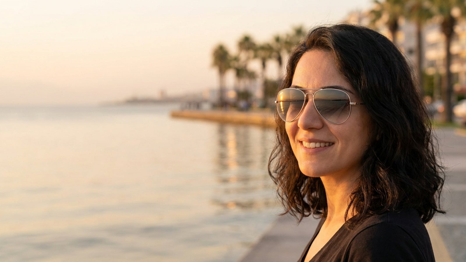 Yeni camları takılmış metal aviator güneş gözlüğü takan kadın, İzmir Kordon