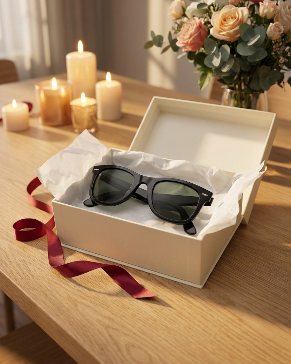 Kurdeleli krem hediye kutusunda siyah Ray-Ban 2140 güneş gözlüğü; arkada mumlar ve çiçekler