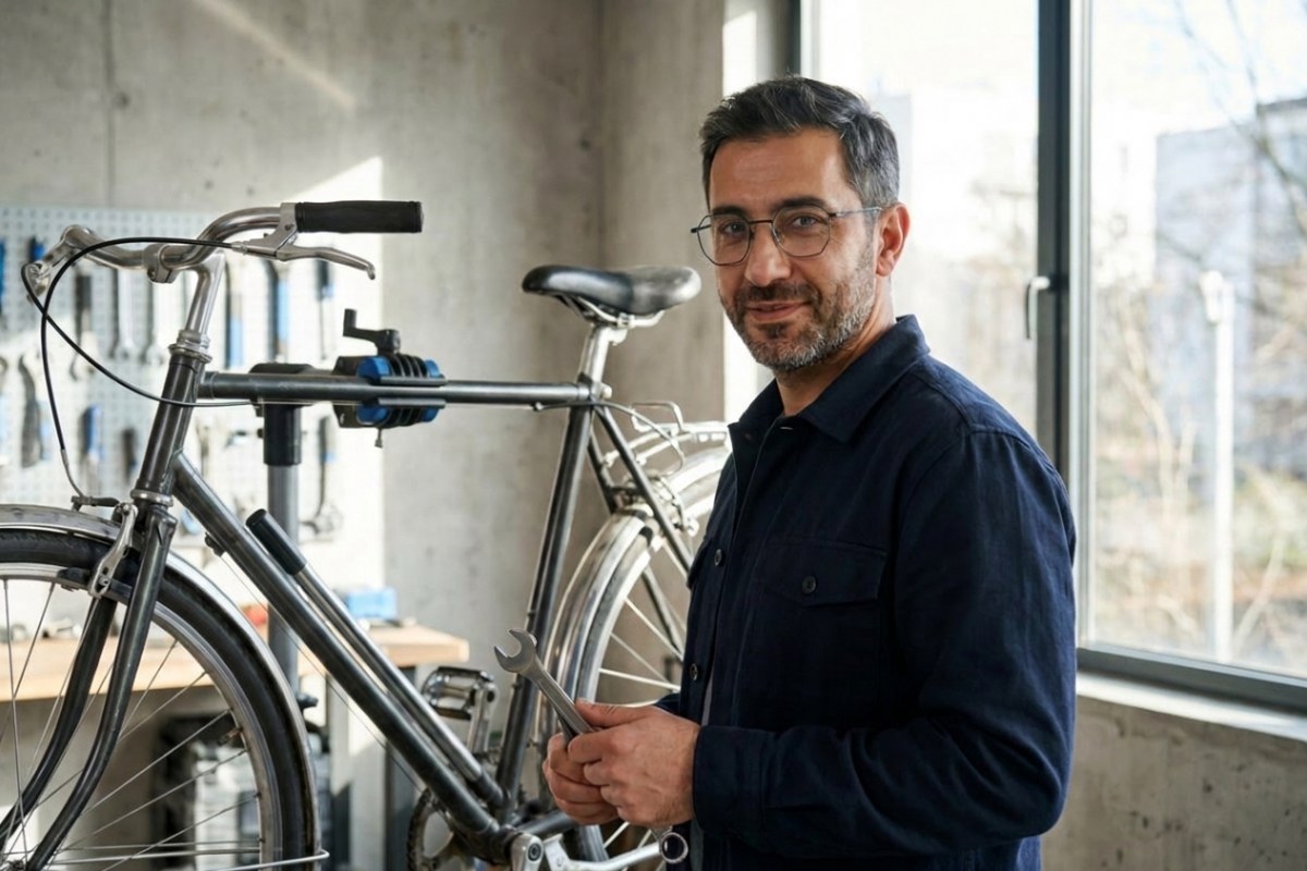 Beton duvarlı bir bisiklet atölyesinde elinde anahtarla duran, ic! berlin Gen mat siyah geometrik gözlük takan sakallı adam