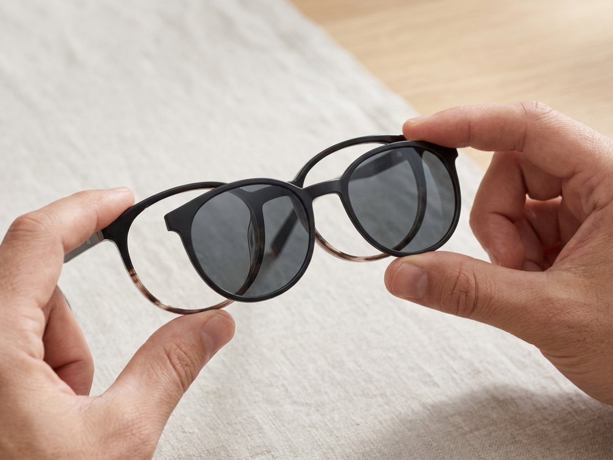Yuvarlak optik çerçeveye mıknatıslı güneş klipsi takılırken