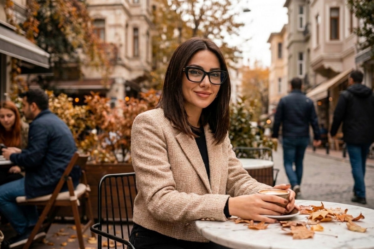 Sonbaharda bir kafe terasında kahve içen, Miu Miu MU 07VV siyah gözlük takan kadın