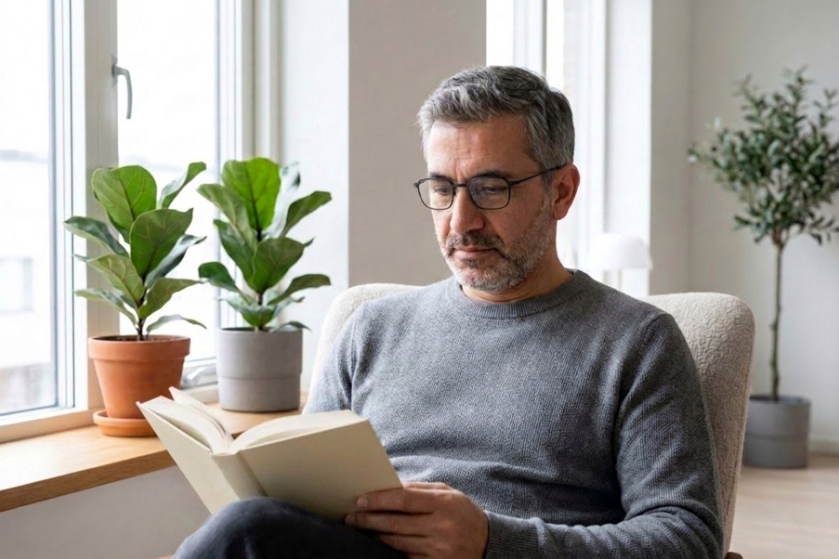 Aydınlık bir salonda pencere kenarında kitap okuyan, MODO 4116 siyah titanyum gözlük takan kır saçlı adam