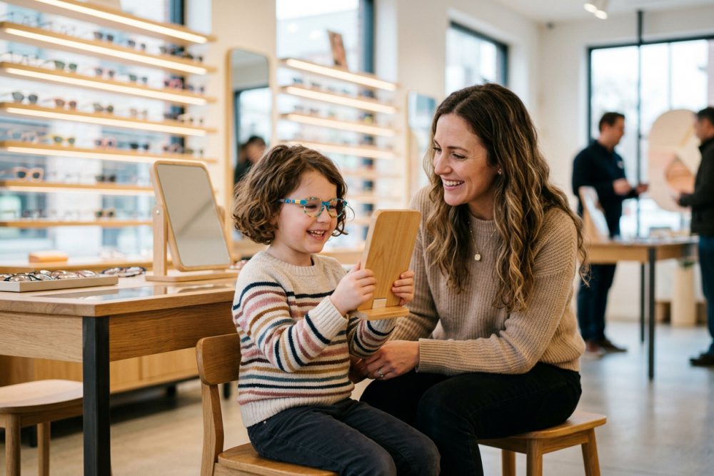 Anne ve çocuk optik mağazasında gözlük çerçevesi seçiyor