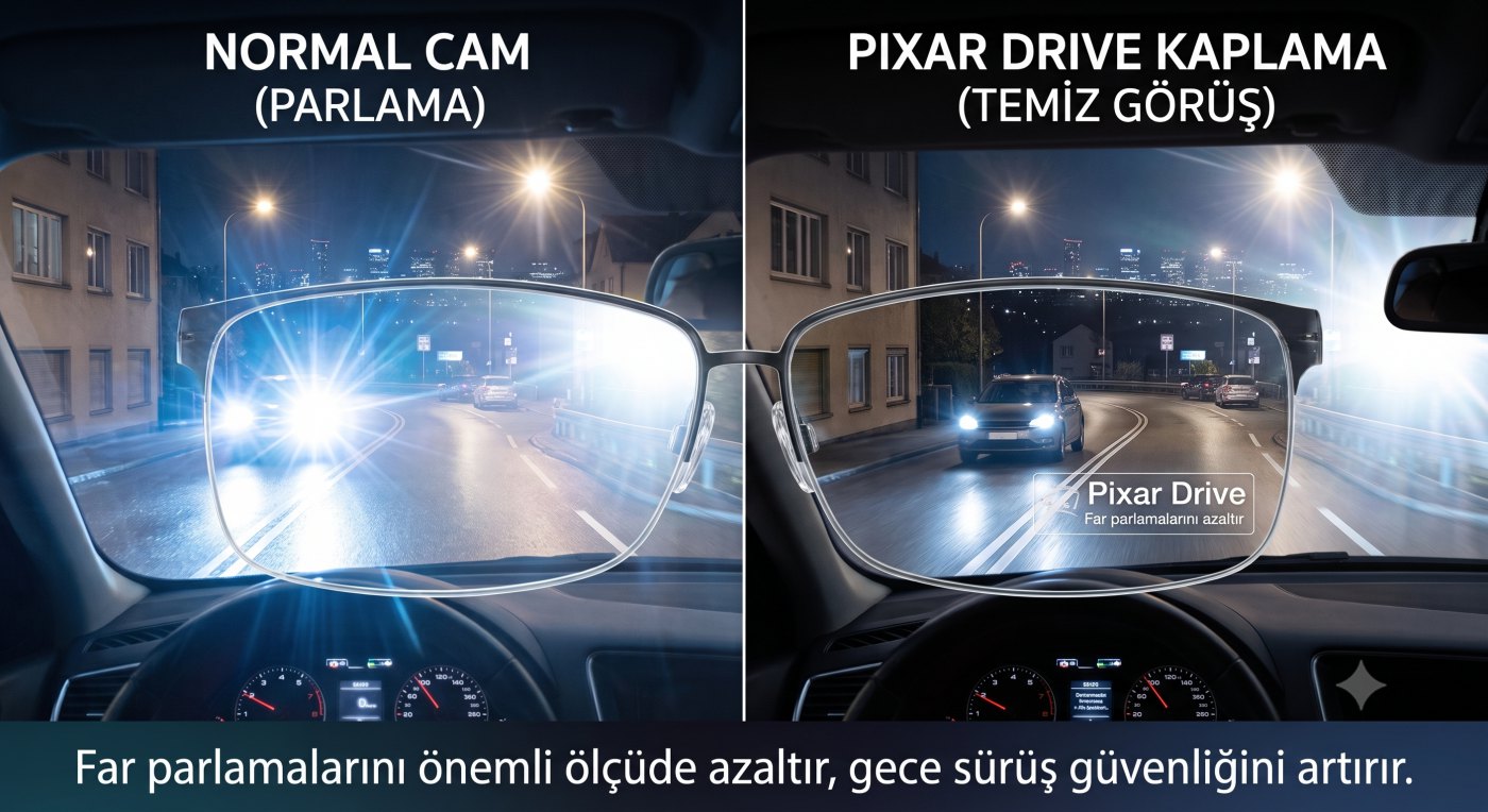 Pixar Contrast Drive ile gece far yansımasının kaplamasız cama göre azalması karşılaştırması