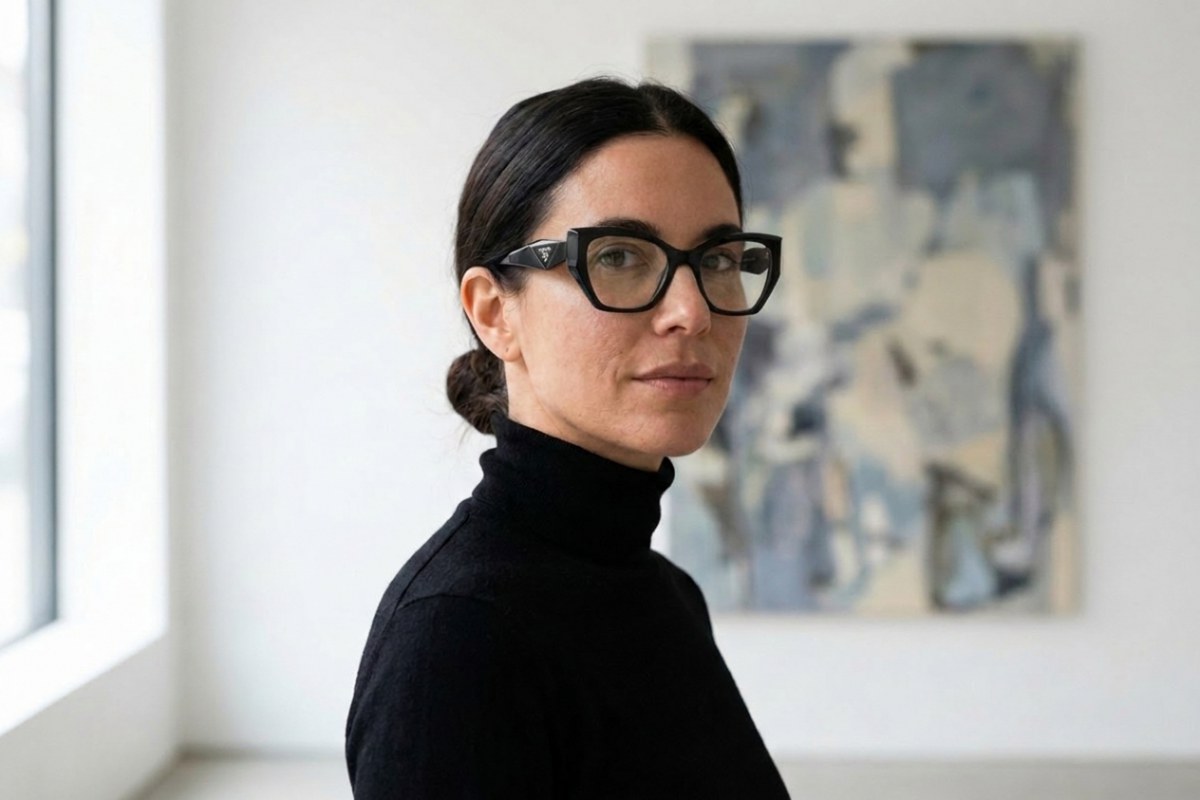 Sanat galerisinde duran, Prada PR 18WV siyah cat-eye gözlük takan siyah balıkçı yakalı kadın