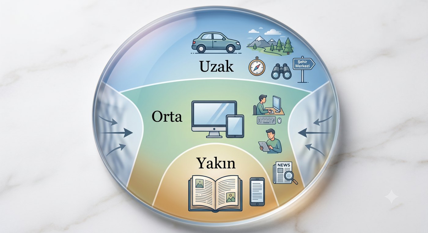 Progresif camda tek lenste uzak, orta ve yakın görüş alanları
