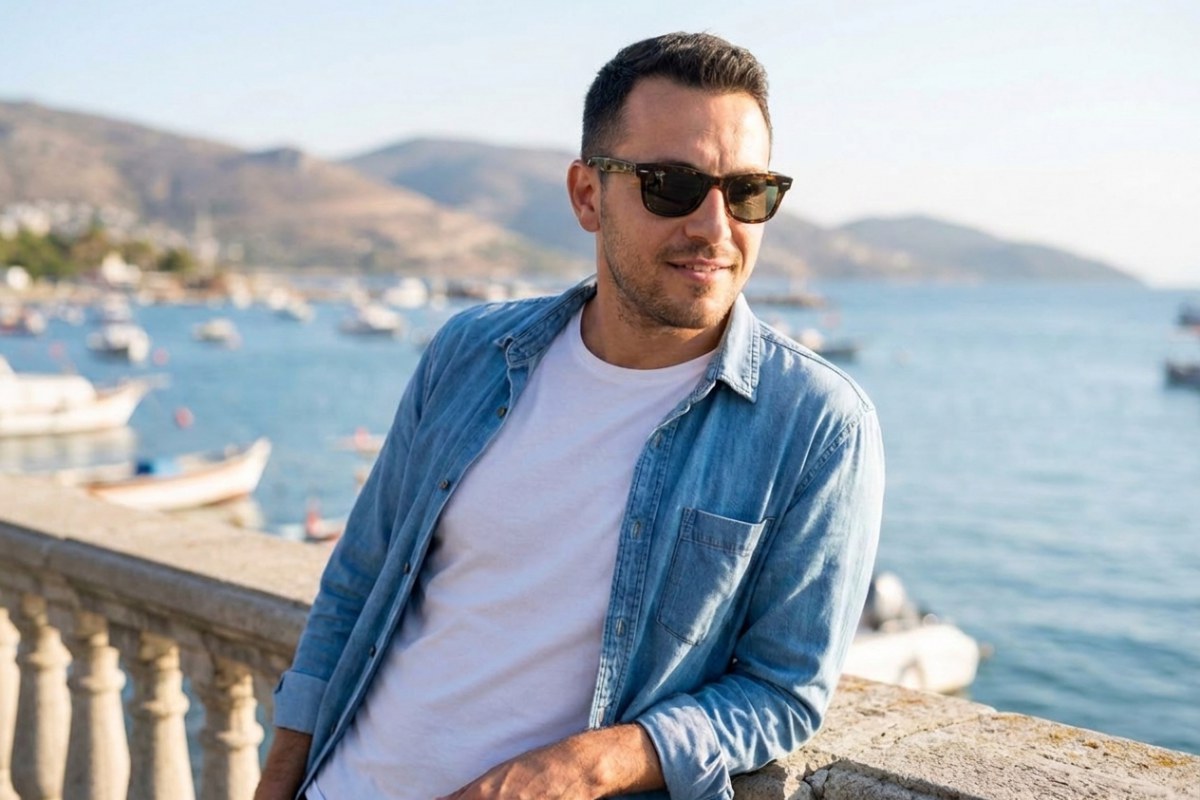 Deniz kenarında Ray-Ban RB2140 Original Wayfarer havana güneş gözlüğü takan adam