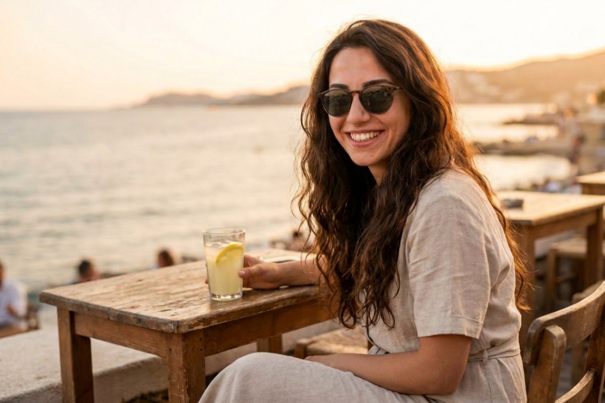 Sahil kafesinde Ray-Ban RB4171 Erika havana güneş gözlüğü takan kadın