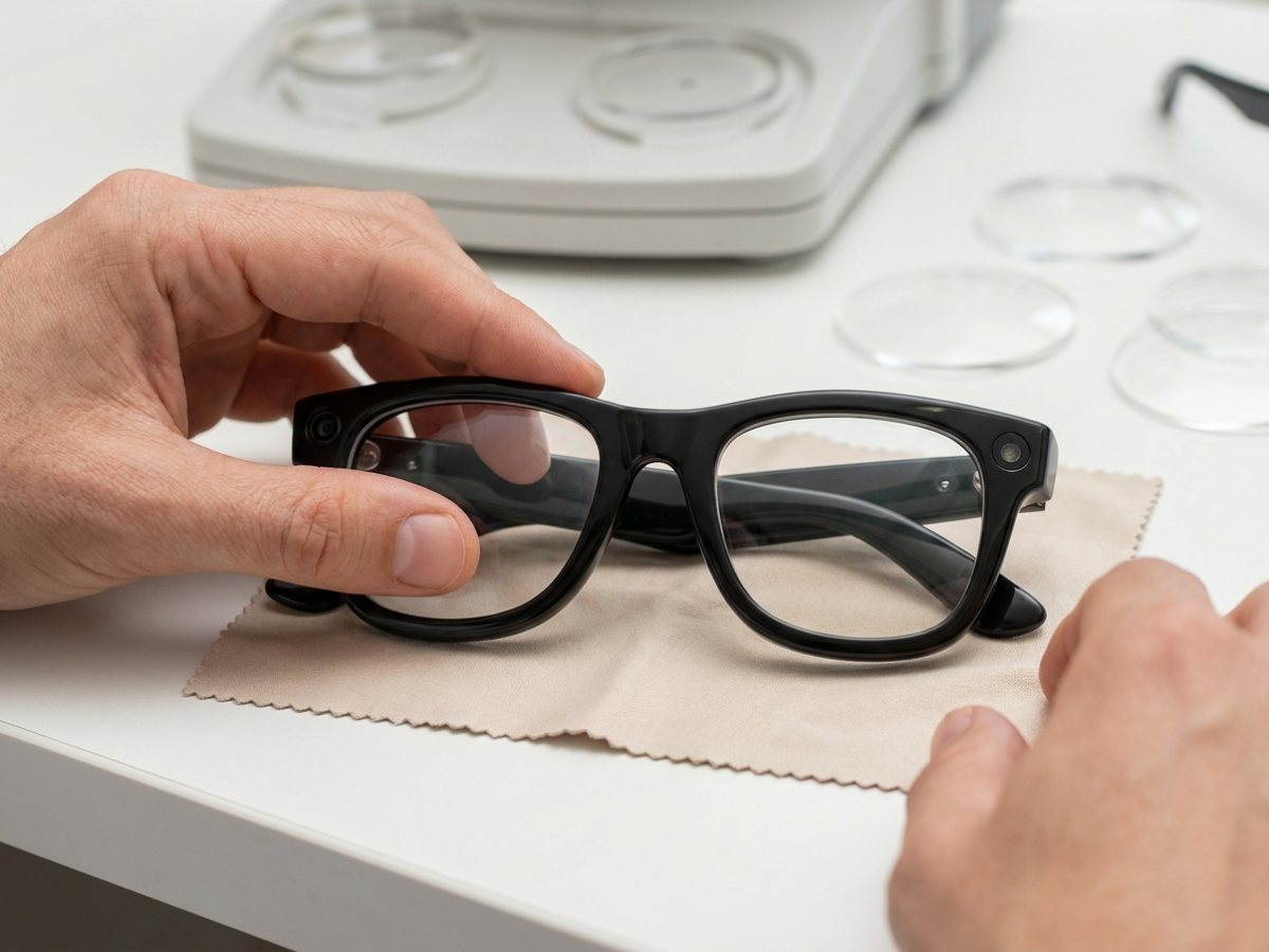 Optisyen atölyesinde Ray-Ban Meta akıllı gözlüğe numaralı cam montajı