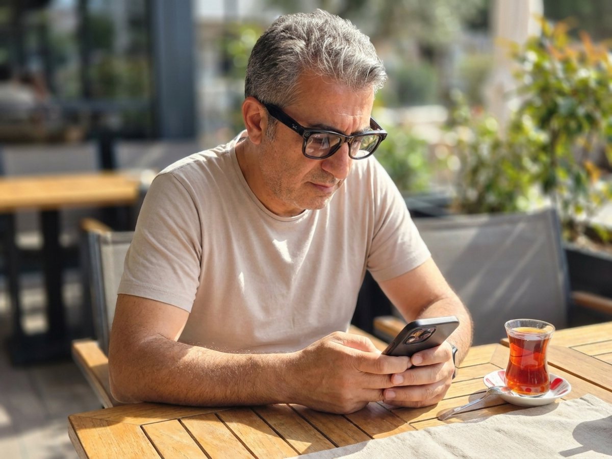 Progresif camlı Ray-Ban Meta akıllı gözlükle telefonuna bakan adam