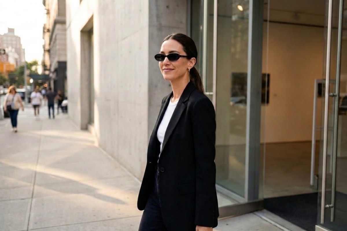 Siyah blazer ceketiyle bir sanat galerisinden güneşli caddeye çıkan, Saint Laurent SL 567 siyah oval güneş gözlüğü takan kadın