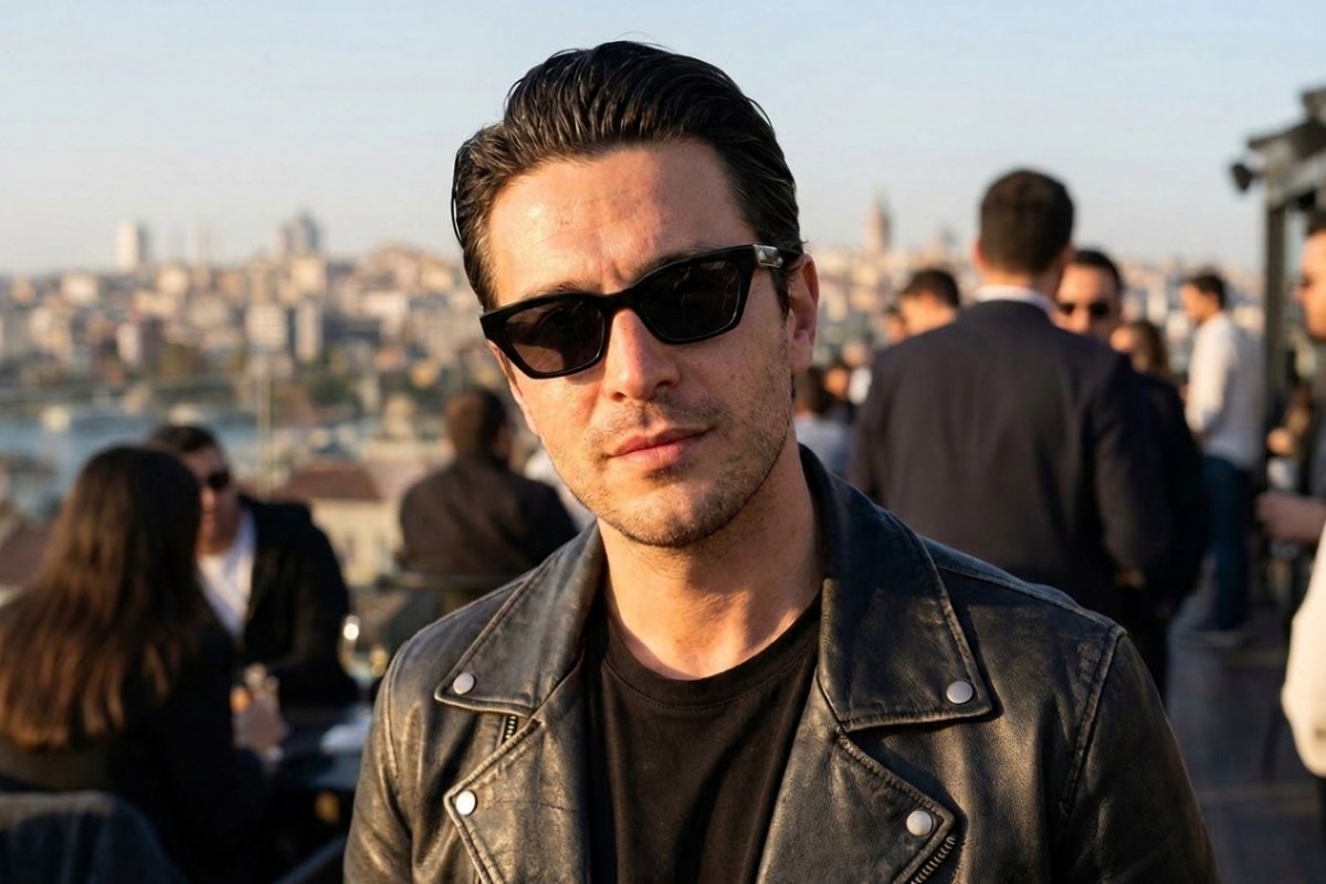 Gün batımında bir çatı terasında siyah deri ceketiyle duran, Saint Laurent SL 633 siyah köşeli kedi gözü güneş gözlüğü takan adam