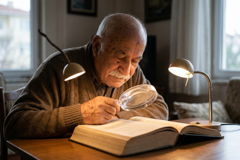 Masa lambasının ışığında büyüteçle kitap okuyan beyaz bıyıklı yaşlı bir adam