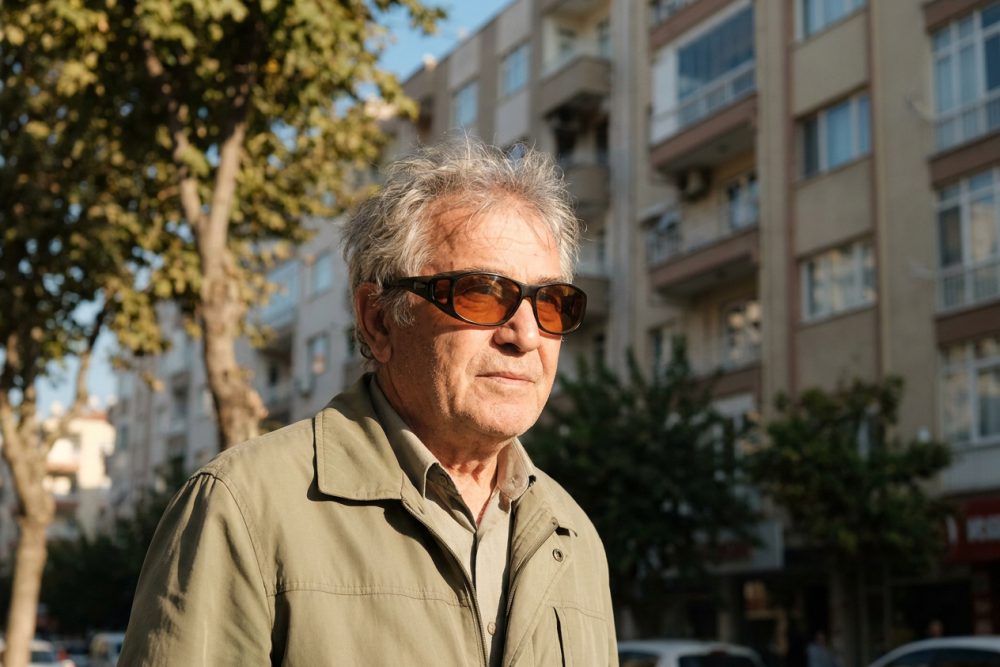 Güneşli bir İzmir sokağında turuncu filtreli gözlük takmış yaşlı bir adam