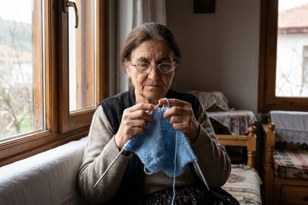 Pencere kenarında gözlüğüyle mavi yün ören yaşlı bir kadın
