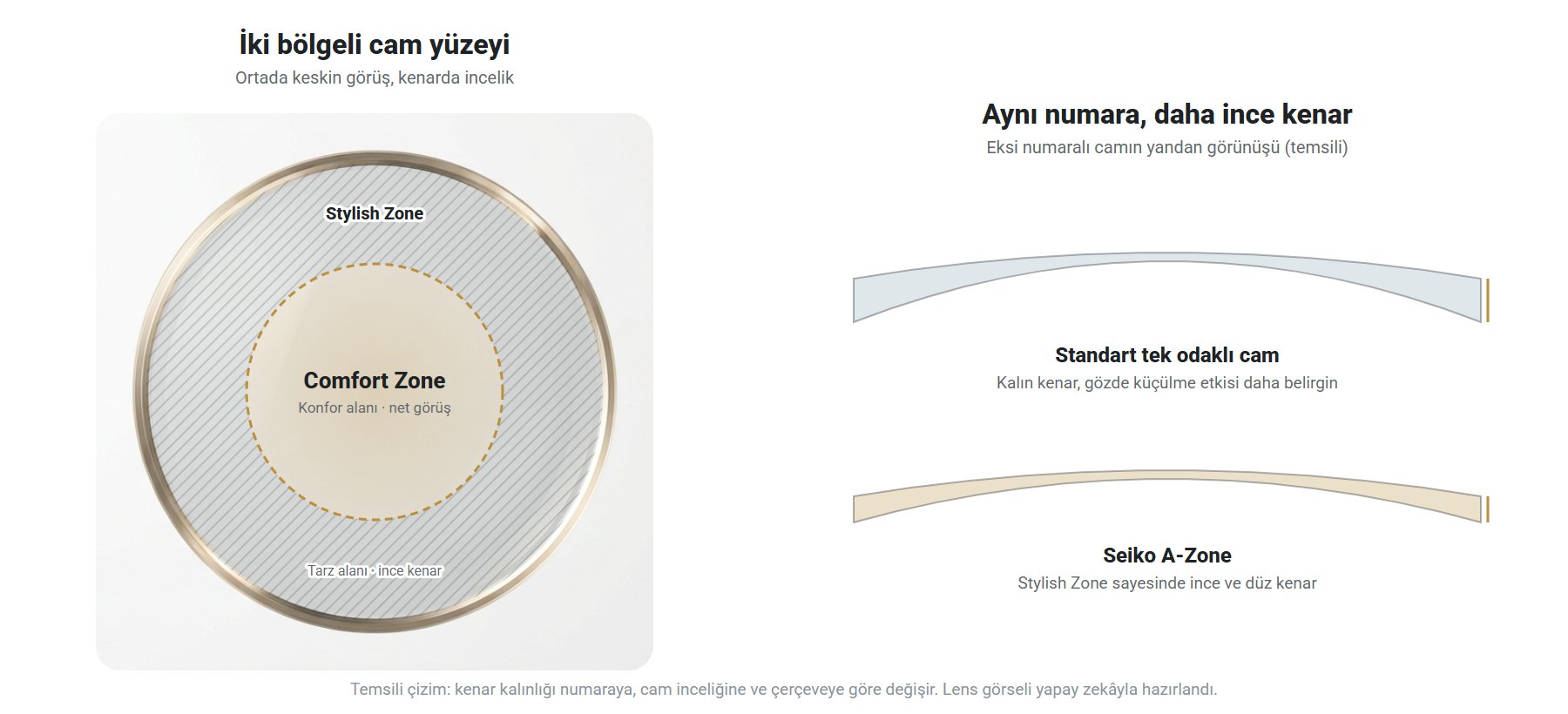 Seiko A-Zone camının ortadaki Comfort Zone ve kenardaki Stylish Zone bölgeleri ile standart cama göre daha ince kenarını gösteren temsili çizim