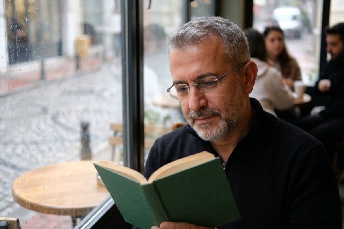 Kafede pencere kenarında kitap okuyan, çerçevesiz gözlük takan kır saçlı adam