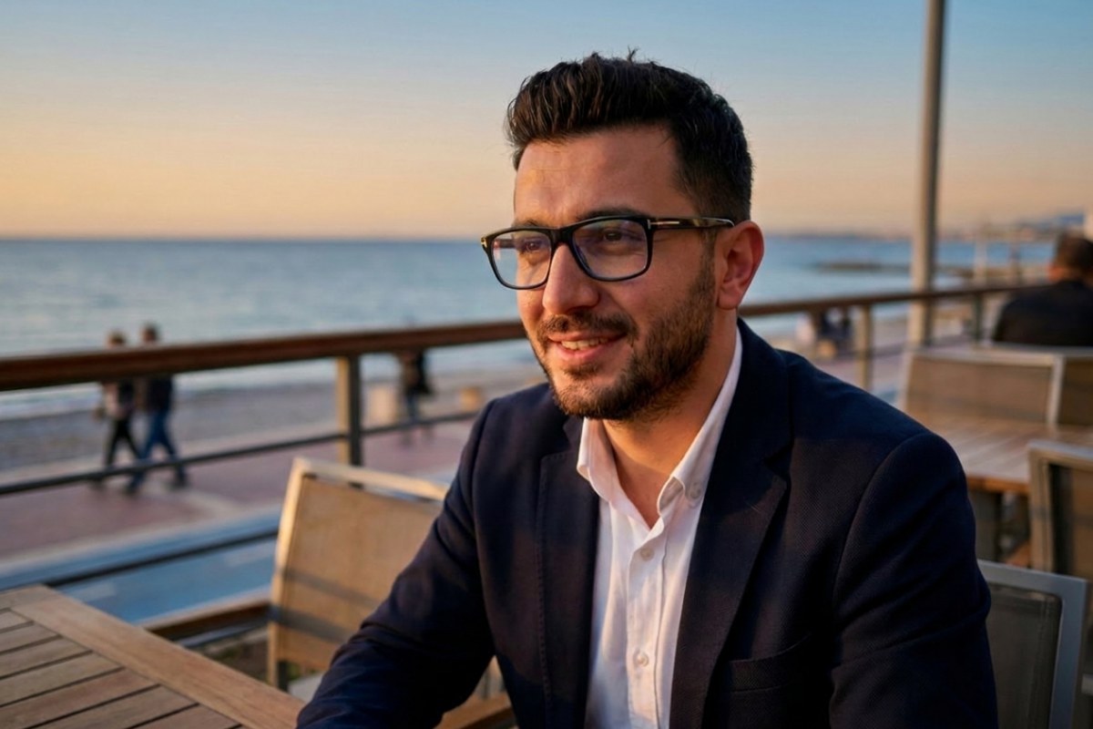 Akşamüstü deniz kenarında bir terasta oturan, Tom Ford FT5978 parlak siyah asetat gözlük takan sakallı adam