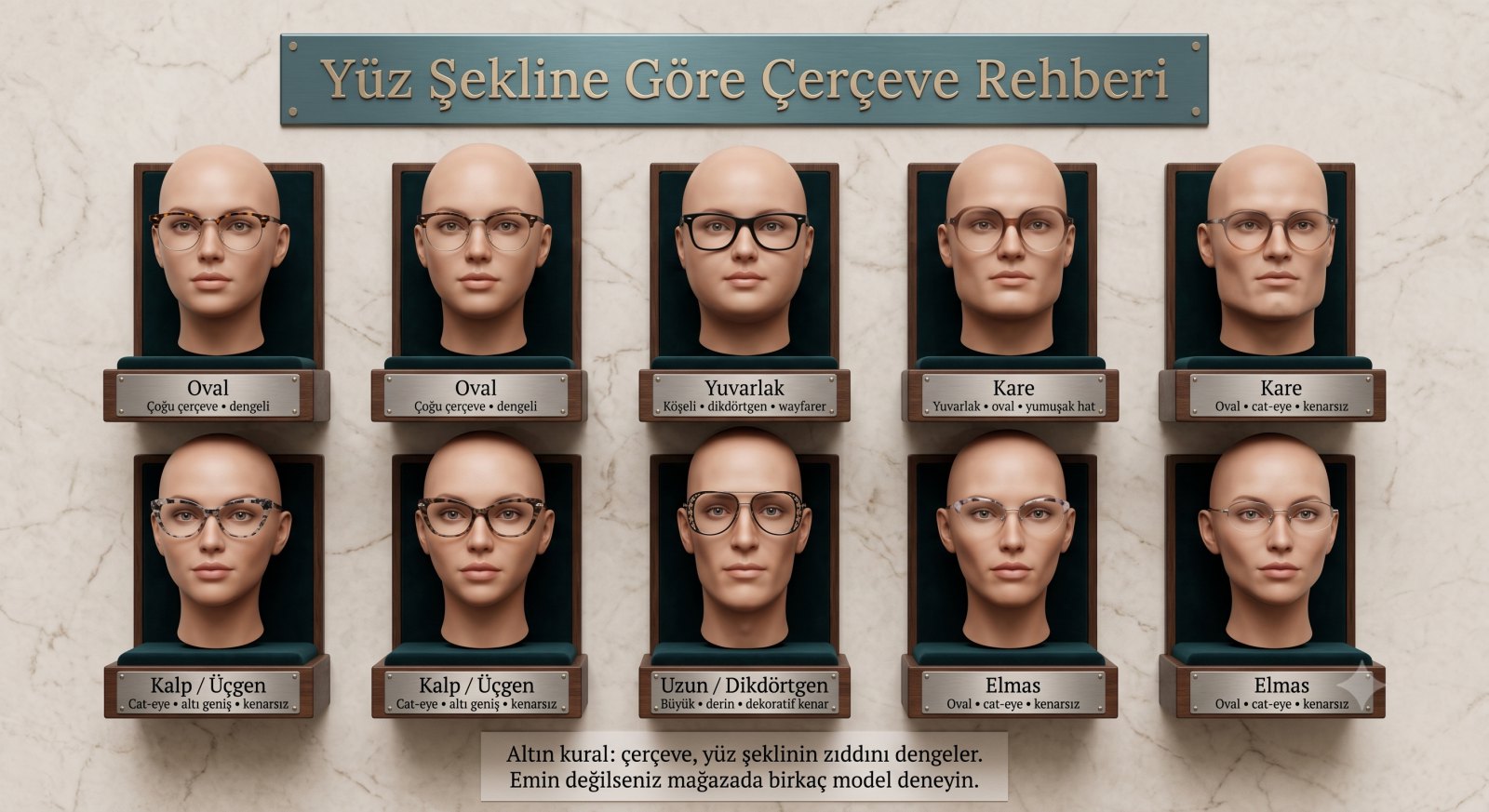 Yüz şekline göre önerilen gözlük çerçevesi: oval, yuvarlak, kare, kalp, uzun ve elmas yüz